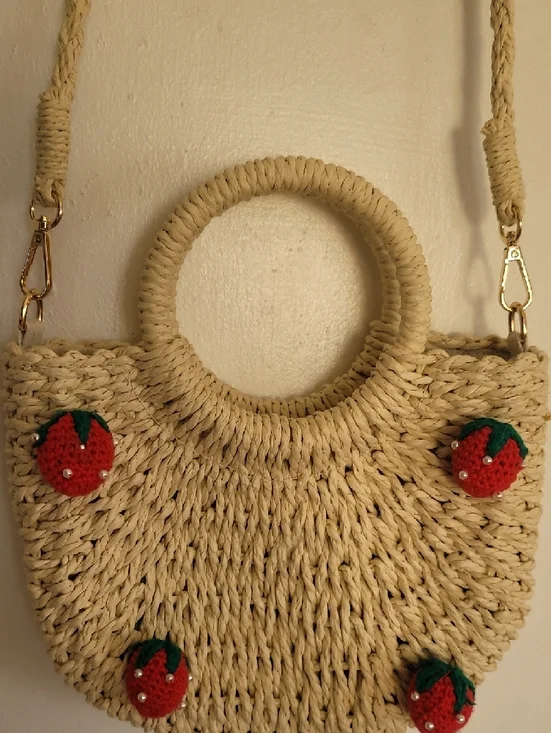 Small Straw Woven Crossbody Bag with Strawberry Embellishments - Natural - Picture 5 of 7